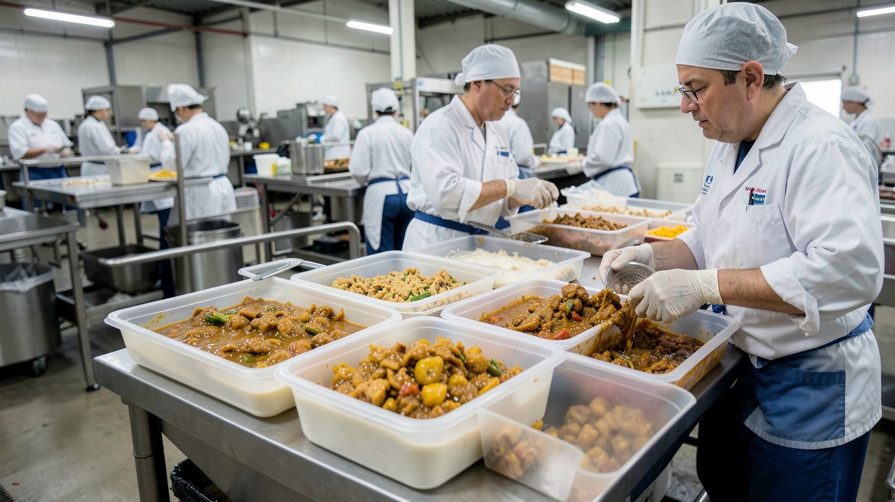 未利用原料を識別して分別する食品工場の作業風景。実際の商品・発表現場ではないAI生成イメージ。